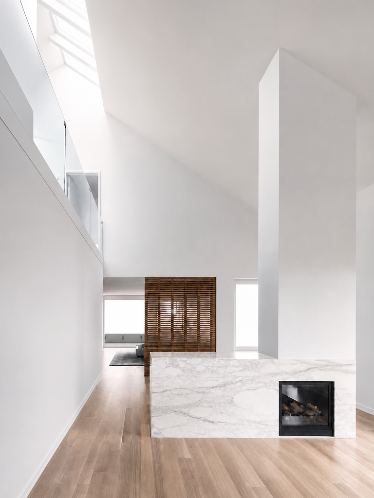 Intérieur d'architecte épuré avec plafond cathédrale et cheminée en marbre blanc